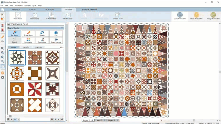 25% Off Dear Jane Add-on for EQ8  This add-on for EQ8 software gives you all 225 blocks and the full quilt layout designed by Jane A. Stickle during the American Civil War. You can print templates, foundation patterns, and rotary cutting charts for the blocks at any size you need. Play around with the quilt layout, add your own fabrics, and make your own Dear Jane quilt! Watch video > 