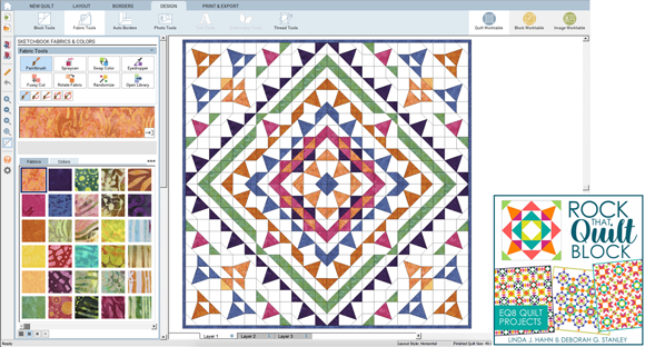 Quilt Project Add-on: Rock That Quilt Block  Based on Linda J. Hahn and Deborah G. Stanley’s book, Rock That Quilt Block, this download includes all the authors' quilts! Open the quilt projects in EQ8, print your rotary cutting charts, templates, or foundation patterns, and get sewing! There are 72 quilt designs to choose from, plus fabrics! Shop Rock That Quilt Block >