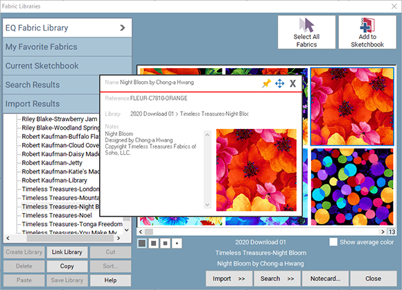 EQ Stash Online is a downloadable add-on for EQ8 that installs new fabrics into your EQ Fabric Library. Each fabric's notecard has the collection name, designer's name, and SKU number!