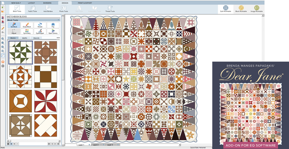 Quilt Project Add-on: Dear Jane  NEW! This add-on for EQ8 software gives you all 225 blocks and the full quilt layout designed by Jane A. Stickle during the American Civil War. In EQ8 you can print templates, foundation patterns, and rotary cutting charts for the blocks at any size you need. Shop Dear Jane >