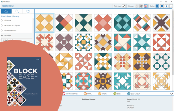 Coming Spring 2021!  BlockBase+ (a new and improved version of the original BlockBase program) is in the works! Use it with or without EQ8 to print rotary-cutting charts, templates, or foundation patterns for all the blocks from the Encyclopedia! Learn more >