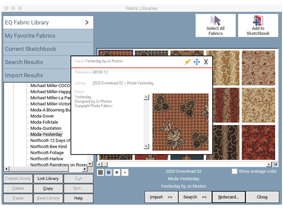 EQ Stash Online is a downloadable add-on for EQ8 that installs new fabrics into your EQ Fabric Library. Each fabric's notecard has the collection name, designer's name, and SKU number!