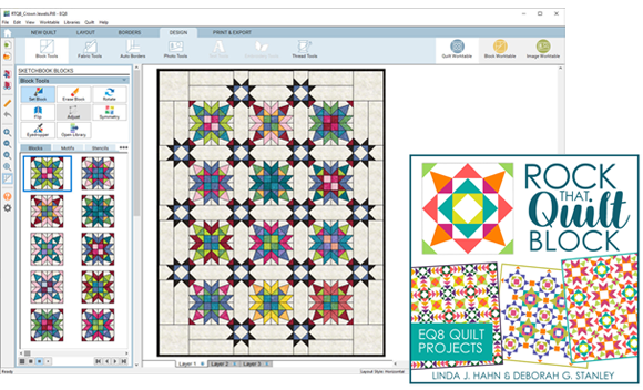 New: Rock That Quilt Block!  EQ8 quilt projects and fabrics by Linda Hahn and Deborah Stanley  We’ve partnered with EQ Artist, Linda J. Hahn, and Deborah G. Stanley to bring you EQ8 projects from their recent book release, Rock That Quilt Block! We’re thrilled to be offering their designs to EQ users in this new add-on for EQ8!