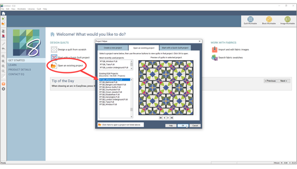 After downloading and installing the product, find the quilts by clicking Open an existing project on the EQ8 Home Screen. Choose a project, click OK, then browse through the Project Sketchbook to see all the blocks and quilts. The projects for this download all start with “RTQB”.