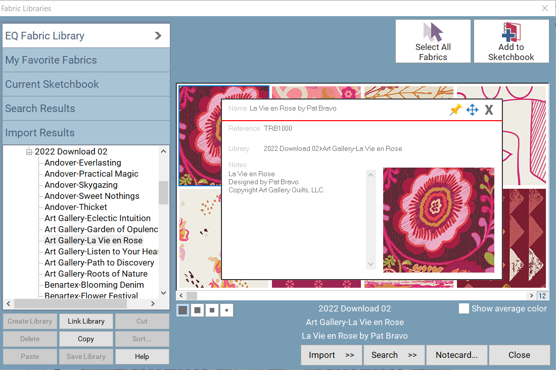 Each fabric's notecard has the collection name, designer's name, and SKU number. This allows you to Search the Fabric Library for your favorites!