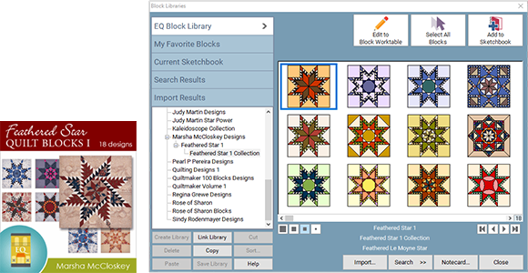 Product Spotlight: Feathered Star Quilt Blocks 1  There are over 100 block add-ons to choose from for EQ8! This one, by Marsha McCloskey adds 18 pieced feathered stars to your EQ Block Library. Design your own quilts using any of these beautiful blocks!  Shop Block Add-ons >