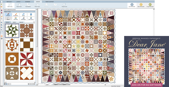 Quilt Project Add-on: Dear Jane  This add-on for EQ8 software gives you all 225 blocks and the full quilt layout designed by Jane A. Stickle during the American Civil War. In EQ8 you can print templates, foundation patterns, and rotary cutting charts for the blocks at any size you need. (A library of blocks also gets installed!) Shop Dear Jane >