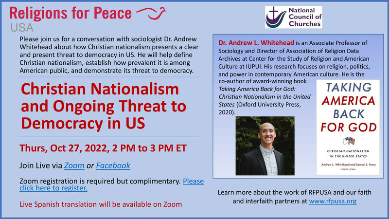 Event announcement for RFP USA and NCC - Christian Nationalism and Ongoing Threat to Democracy in US October 27 2pm ET. https://us02web.zoom.us/webinar/register/WN_GvMrETaIQMyuG_uramPkBw