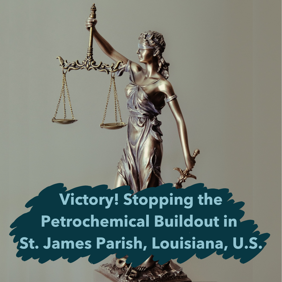 An image of a bronze lady justice statue, with text in the foreground that reads “VICTORY! South Louisiana Methanol Petrochemical Complex Defeated“