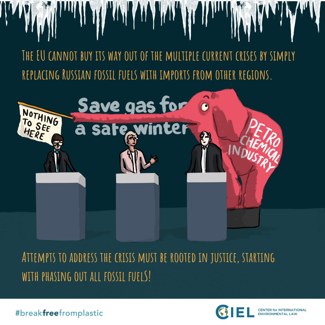 A cartoon depicts a red elephant labeled “Petrochemical Industry“ holding a banner with its trunk that says, “Nothing to see here“ above three politicians at podiums speaking. At the top, text reads, “The EU cannot buy its way out of the multiple current crises by simply replacing Russian fossil fuels with imports from other regions. At the bottom, text reads “Attempts to address the crisis must be rooted in justice, starting with phasing out all fossil fuels!“ The #breakfreefromplastic and CIEL logos appear on the bottom border.