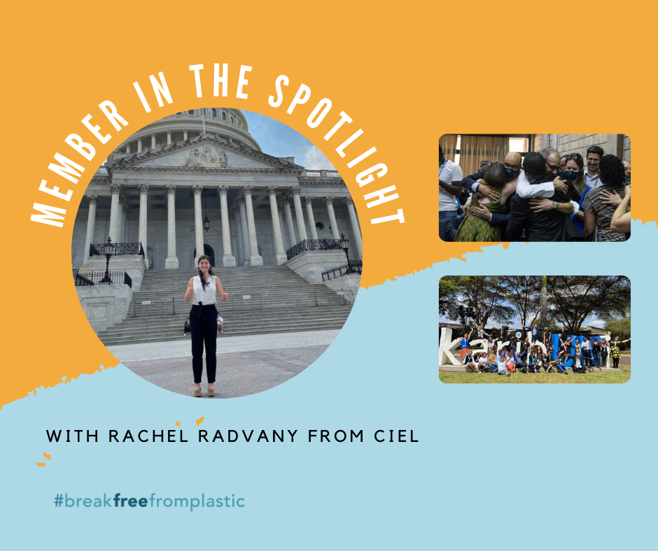 A photo of Rachal Radvany from CIEL in front of the United States Capitol building with a circular border. To the right are two images from her work with CIEL at the UNEA 5.2 conference.