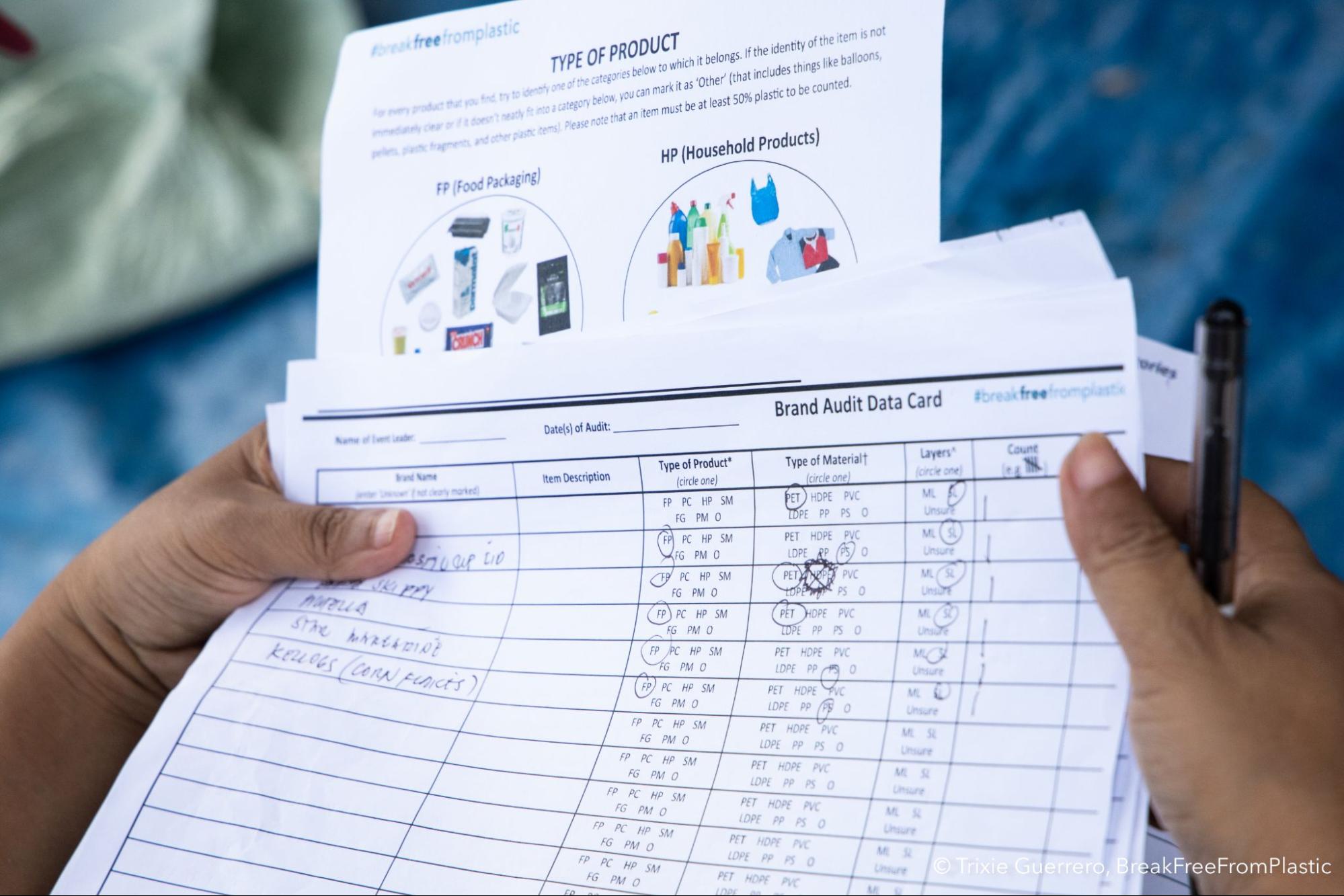 A photo of brand audit data forms at a recent event in the Philippines