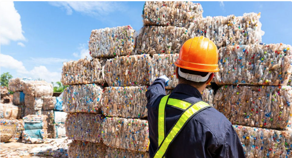 A photo of a worker pointing to a stack of baled plastic waste.