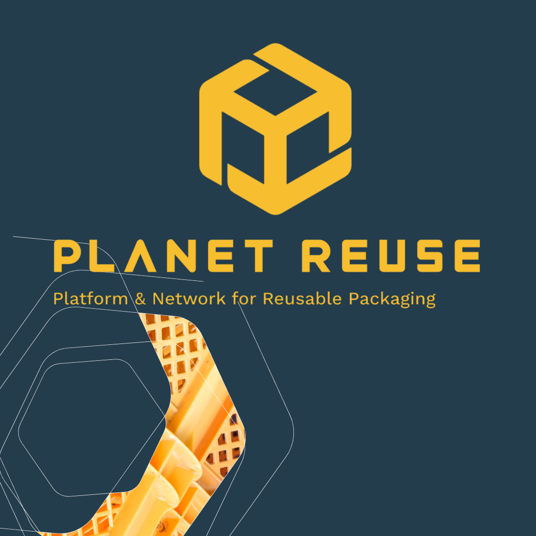 A navy graphic with yellow text that reads “PLANET REUSE - Platform & Network for Reusable Packaging“