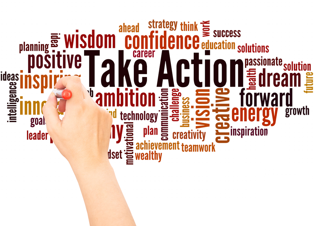 word cloud in various shades of red and orange with the words “Take Action“ emphasized