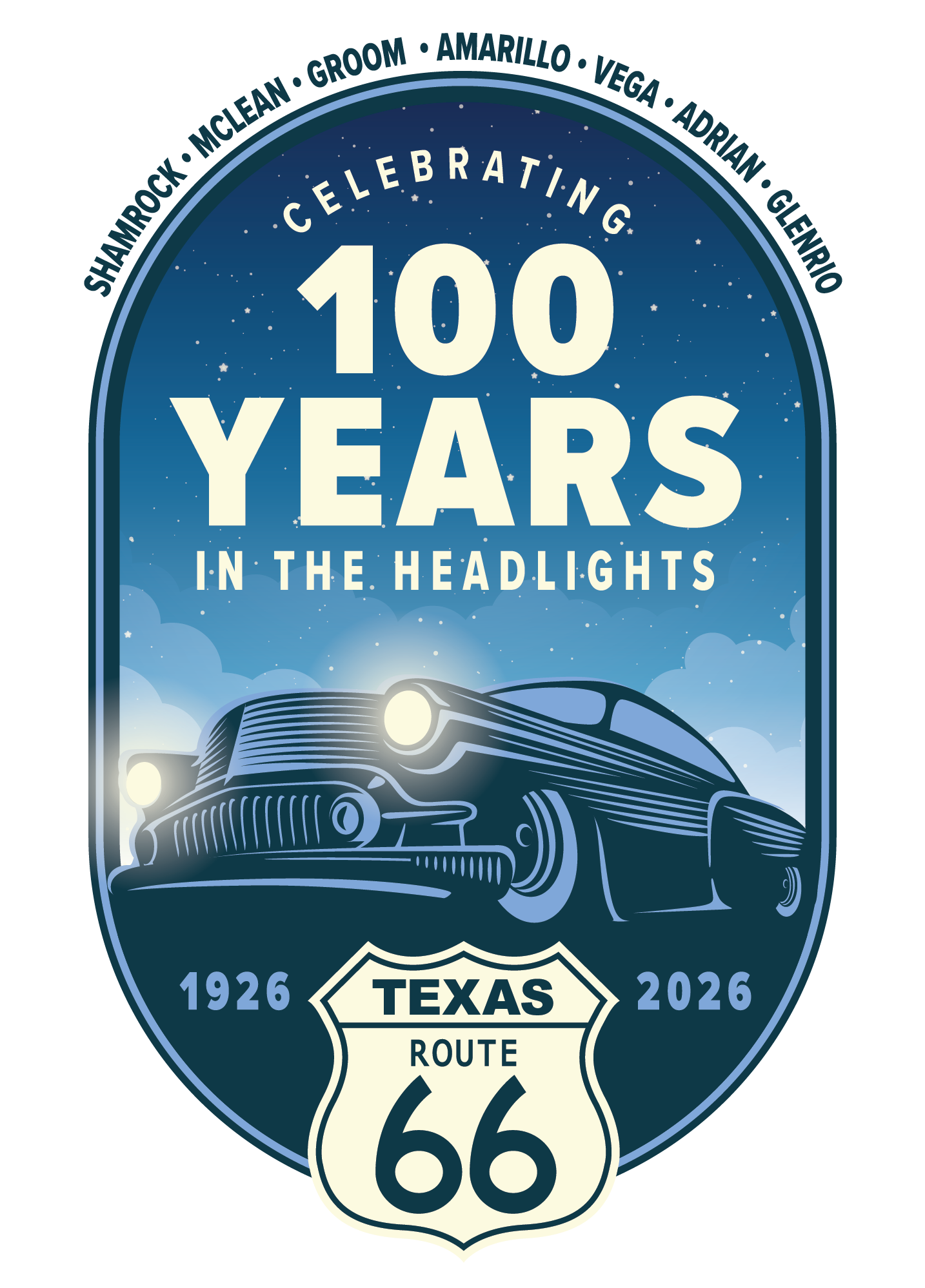 Route 66 Centennial logo reads Celebrating 100 Years in the Headlights.